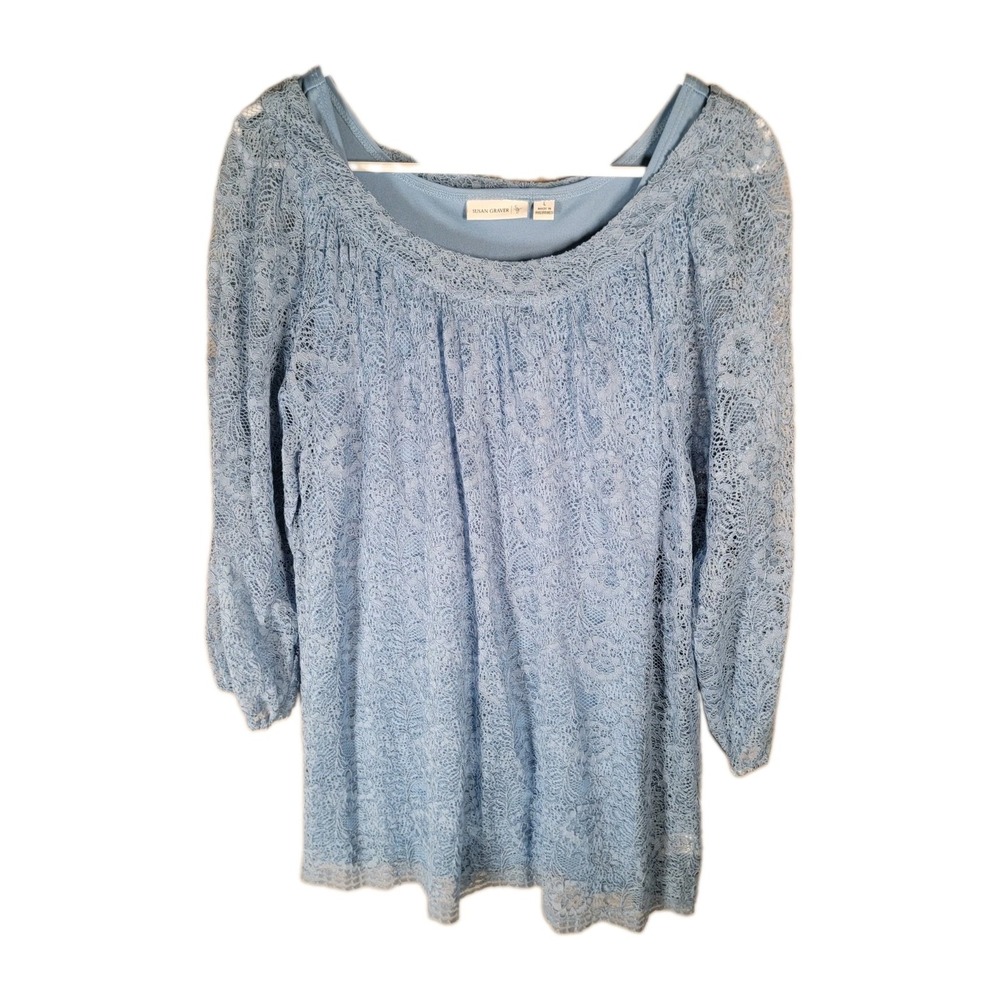 Susan Graver 2pc Lace Tunic Top Tank Top Set Womens L Light Blue Sheer Blouse